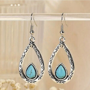 Bohemian Faux Turquoise Earrings Vintage Water Drop Hollow Out Dangle
